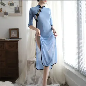 Blue Improve Chinese Traditional Cheongsam Dress Retro Cosplay Student Qipao Skirt Mesh Split Women's Nightgown Pajamas Costume S3276257