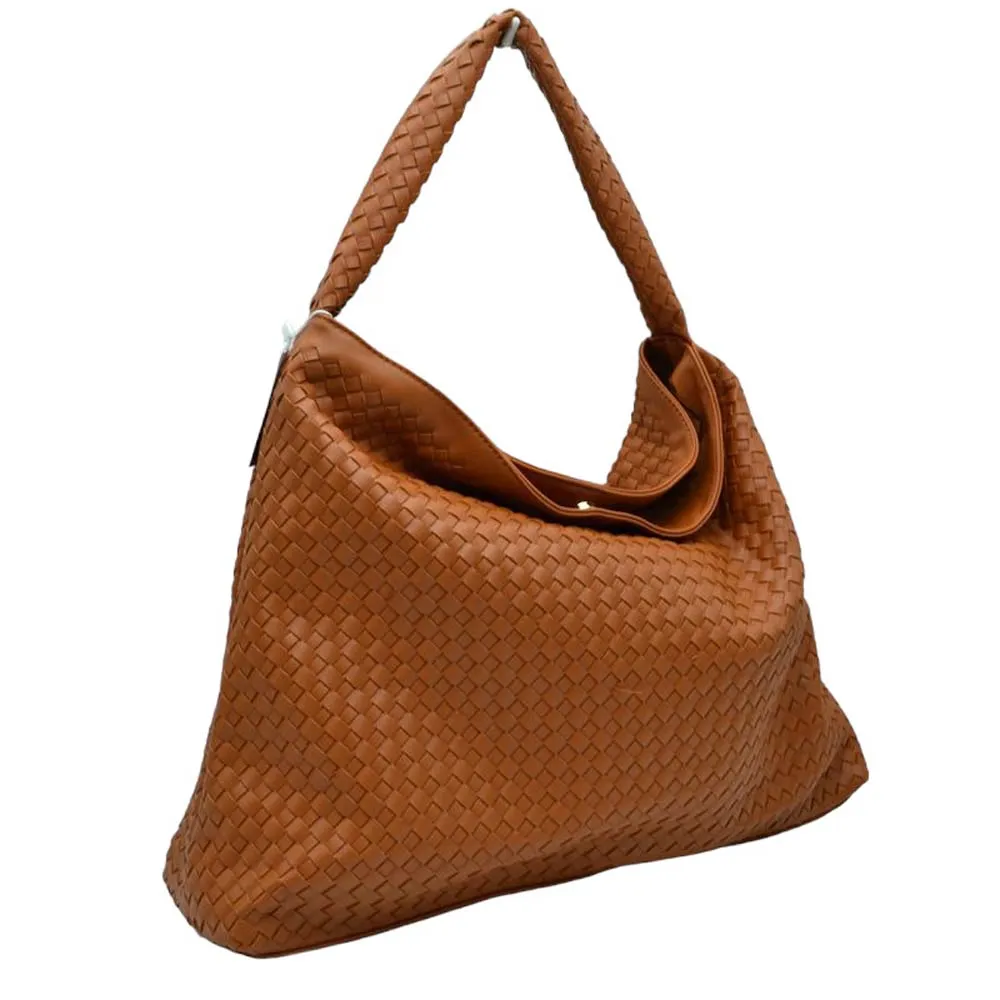 Faux Leather Woven Patterned Top Handle Tote Shoulder Bag