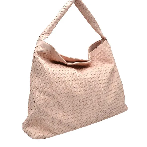 Faux Leather Woven Patterned Top Handle Tote Shoulder Bag