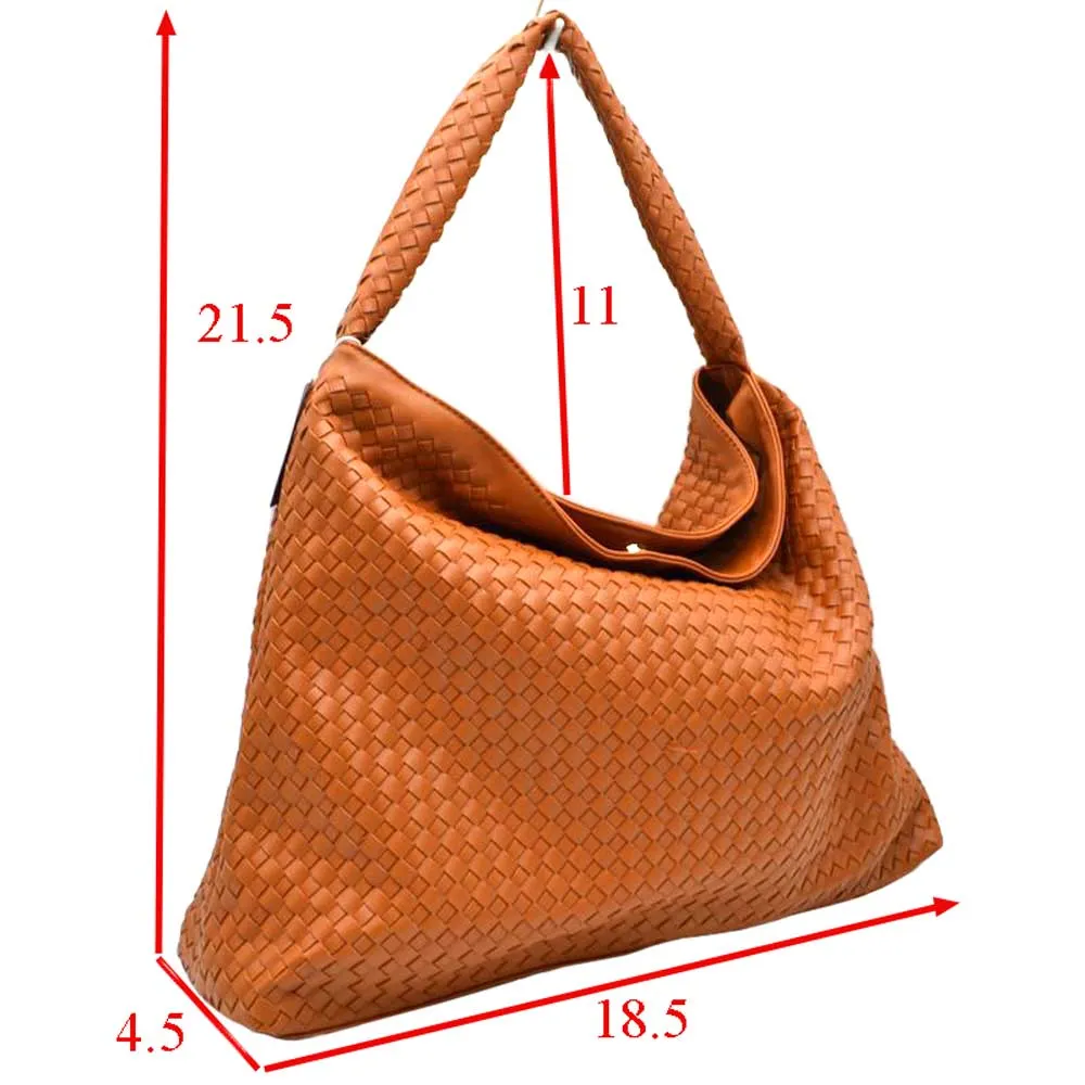 Faux Leather Woven Patterned Top Handle Tote Shoulder Bag