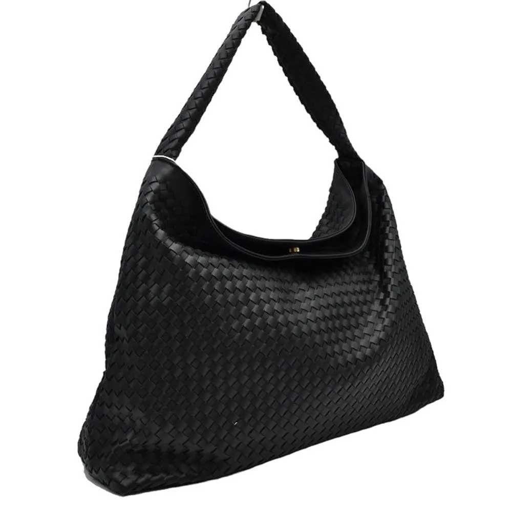 Faux Leather Woven Patterned Top Handle Tote Shoulder Bag