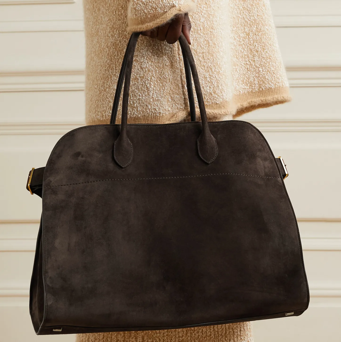 MARGAUX 17 BUCKLED SUEDE TOTE - DARK BROWN