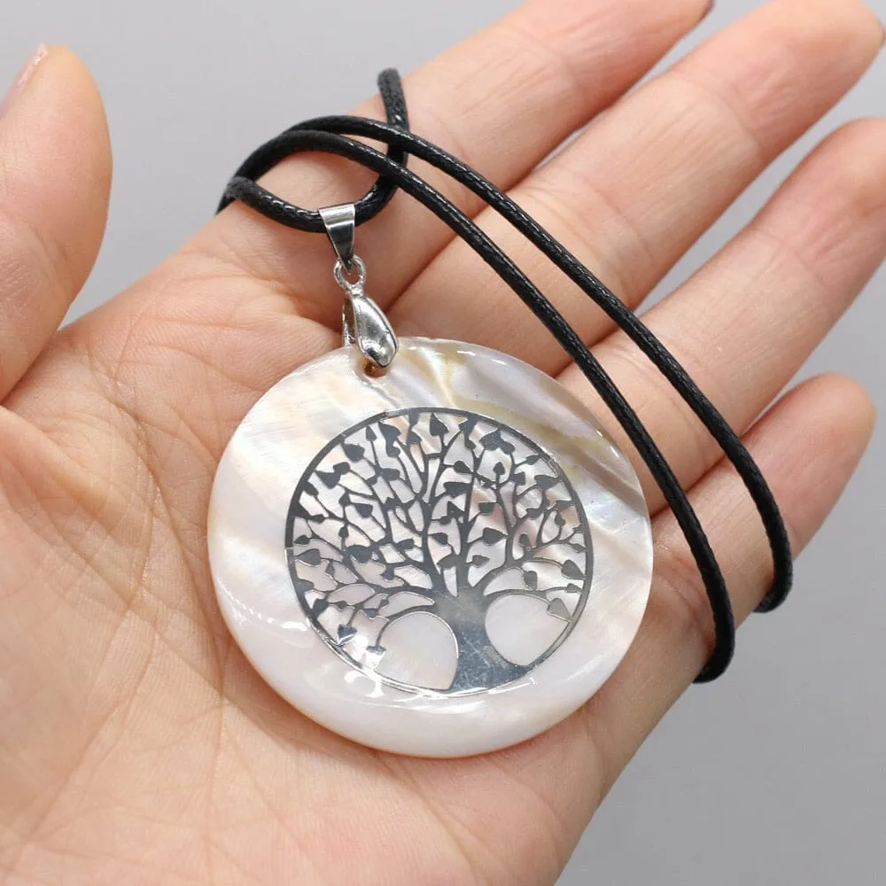 Natural Round Mother of Pearl Shell Pendant Tree of Life Necklace