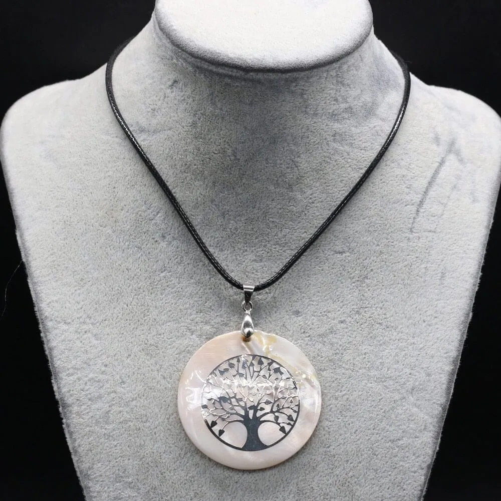 Natural Round Mother of Pearl Shell Pendant Tree of Life Necklace