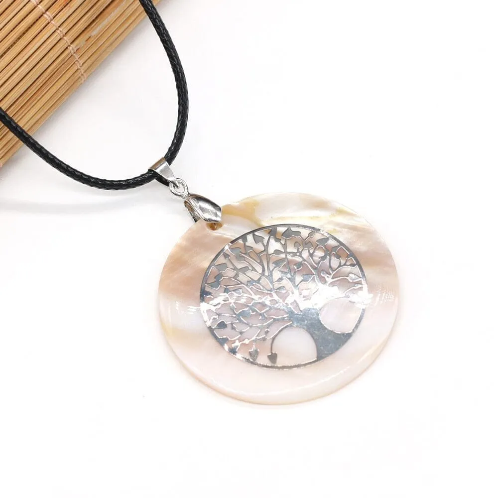 Natural Round Mother of Pearl Shell Pendant Tree of Life Necklace