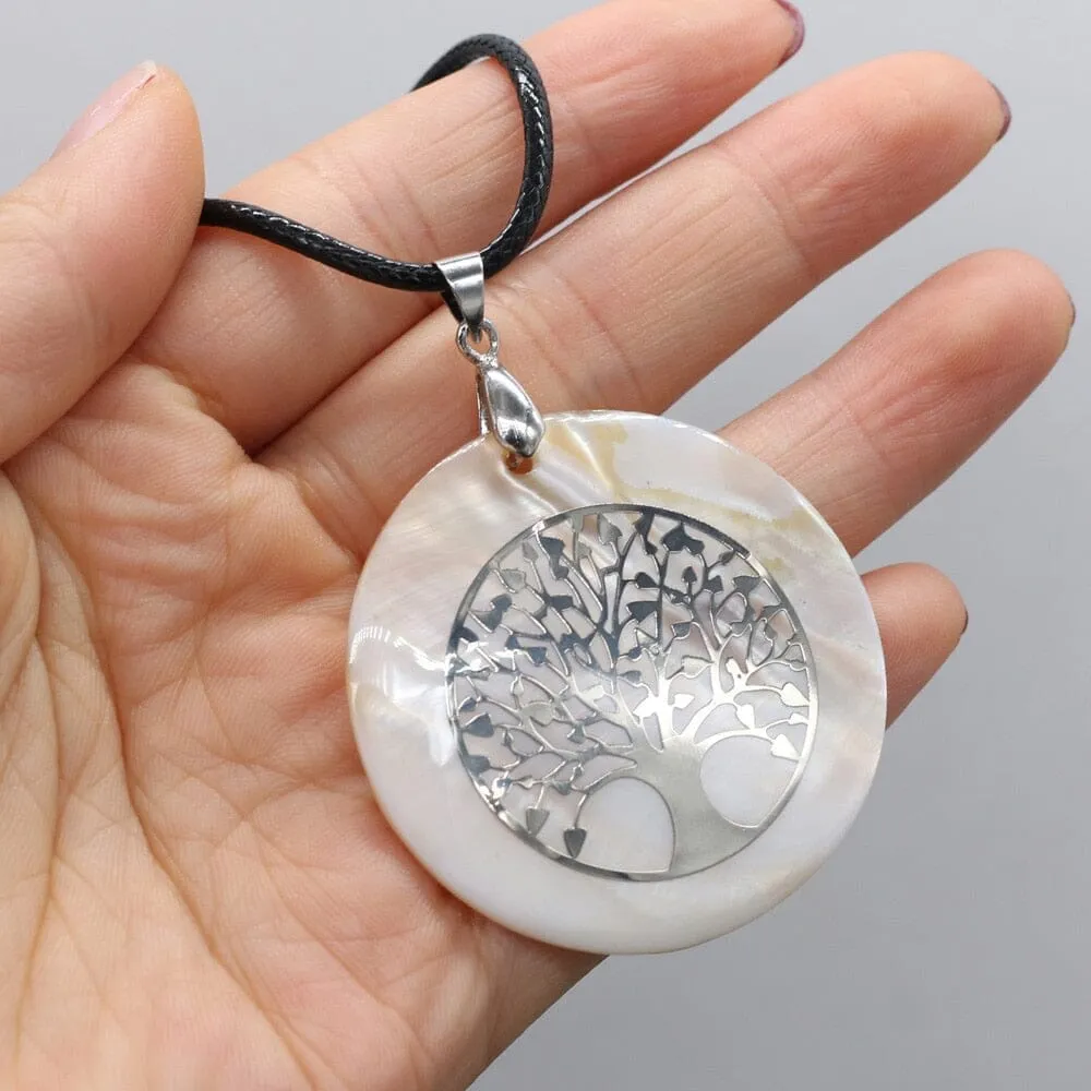 Natural Round Mother of Pearl Shell Pendant Tree of Life Necklace