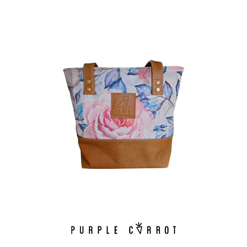 Pink & blue floral & caramel leather bag