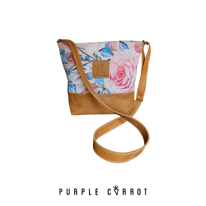 Pink & blue floral & caramel leather bag