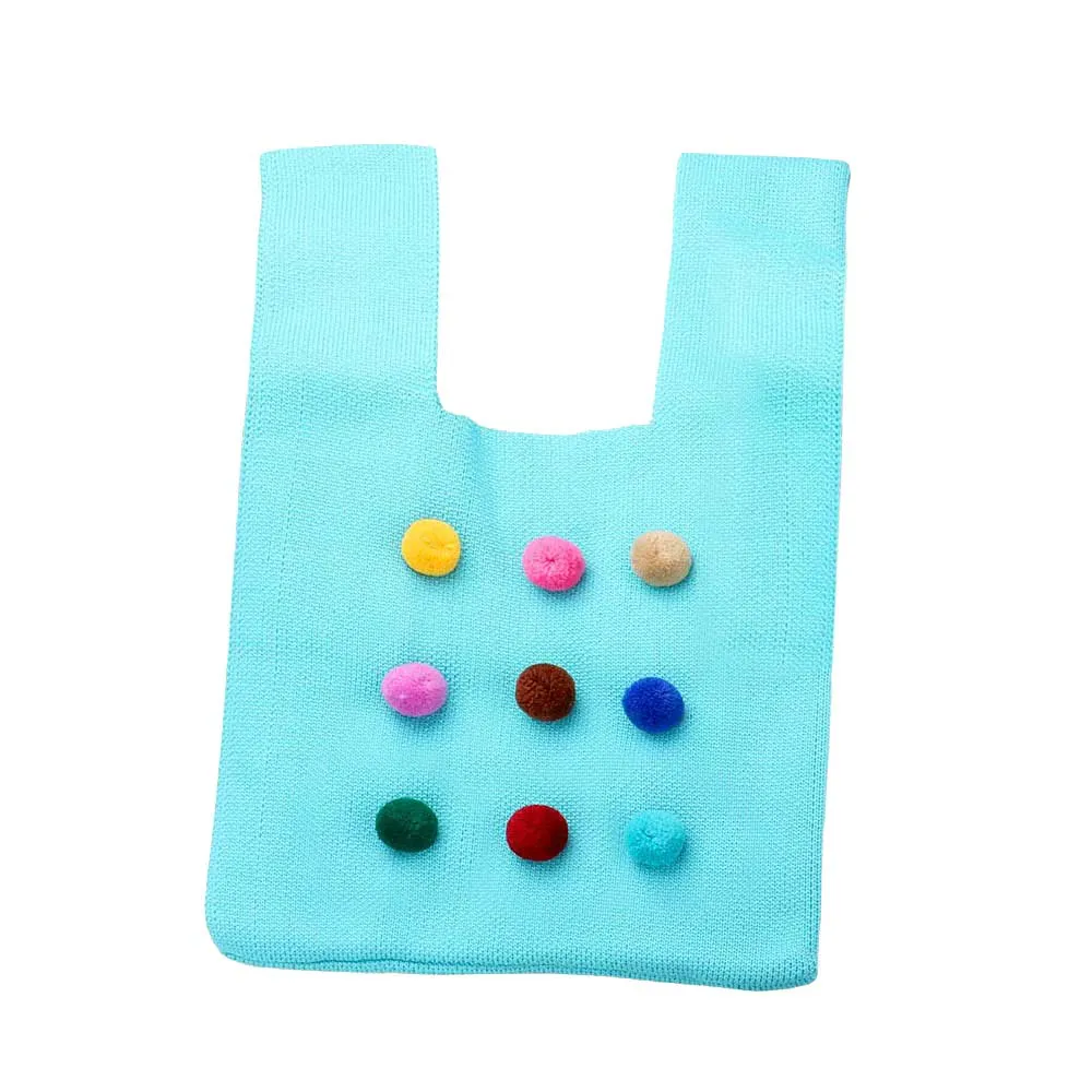 Pom Pom Embellished Knit Tote Bag