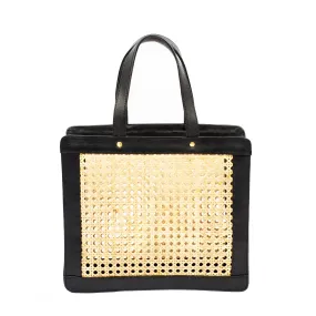 Rattan and Black Leather Tote Shoulder Bag