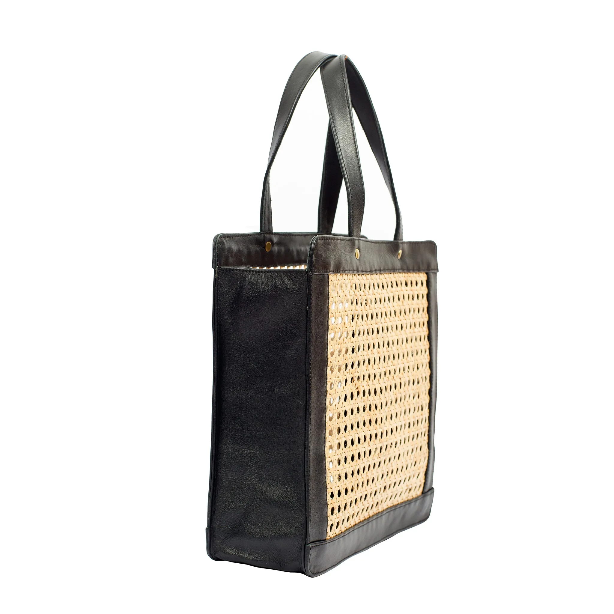 Rattan and Black Leather Tote Shoulder Bag