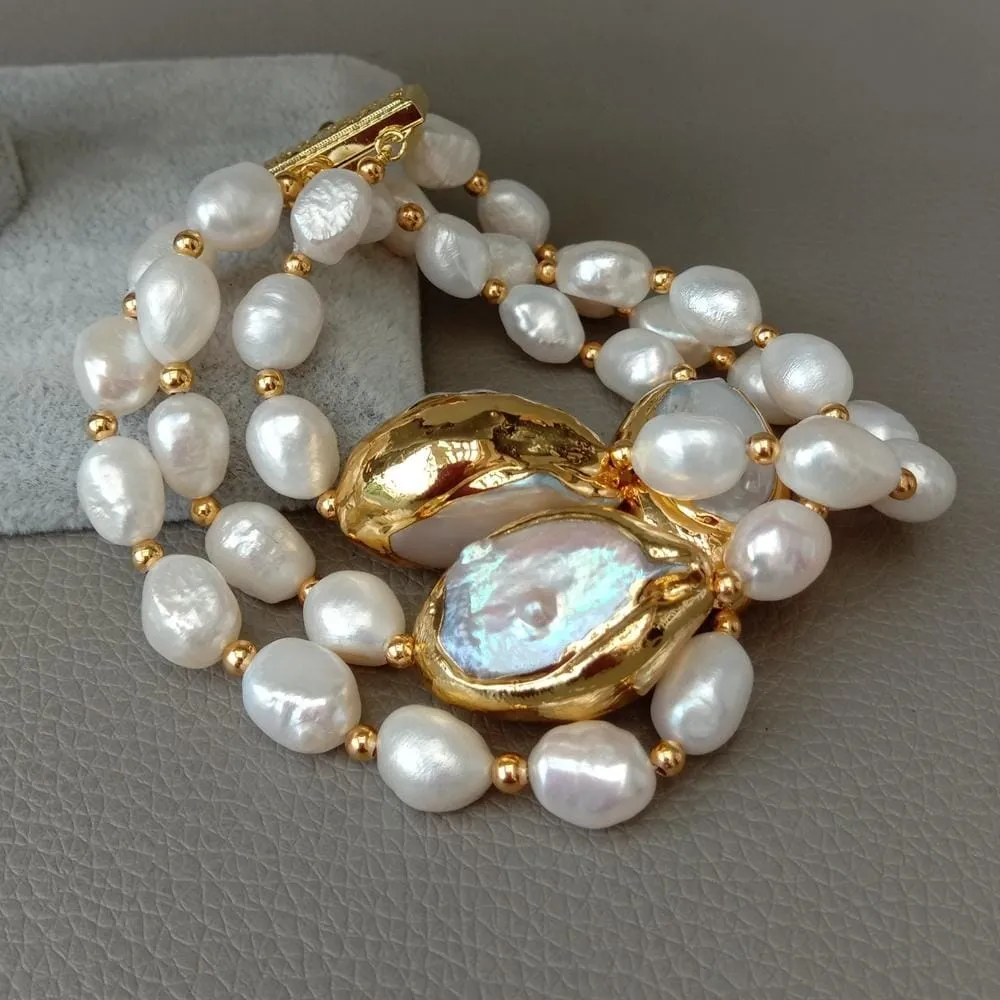 Rows Cultured White Baroque Freshwater Pearl Handmade Bracelet