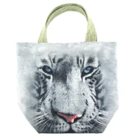 Small White Bengal Tiger Face Print Fabric Small Lunch Tote Bag | DOTOLY