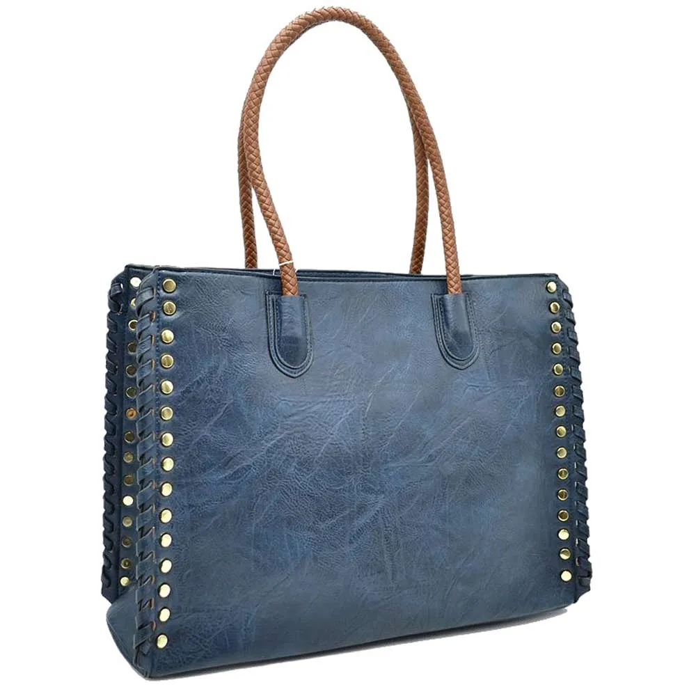 Studded Faux Leather Whipstitch Shoulder Bag Tote Bag