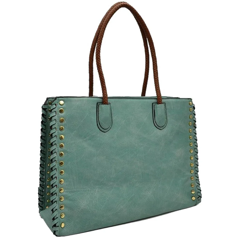 Studded Faux Leather Whipstitch Shoulder Bag Tote Bag