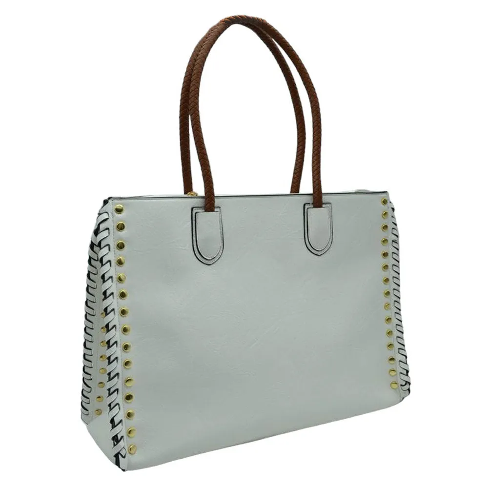 Studded Faux Leather Whipstitch Shoulder Bag Tote Bag