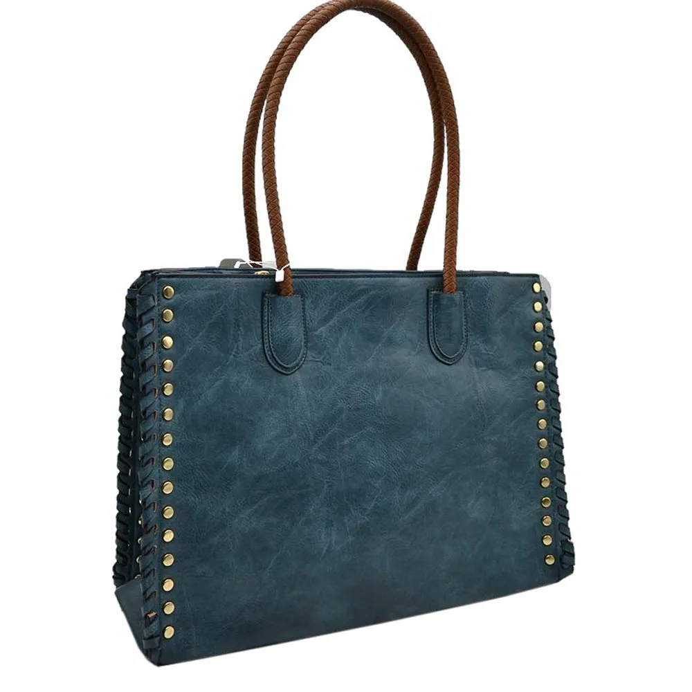 Studded Faux Leather Whipstitch Shoulder Bag Tote Bag