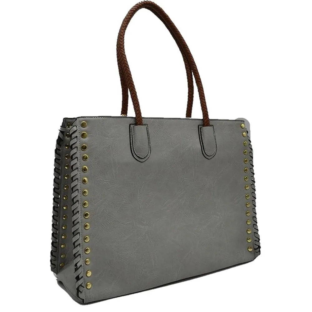 Studded Faux Leather Whipstitch Shoulder Bag Tote Bag