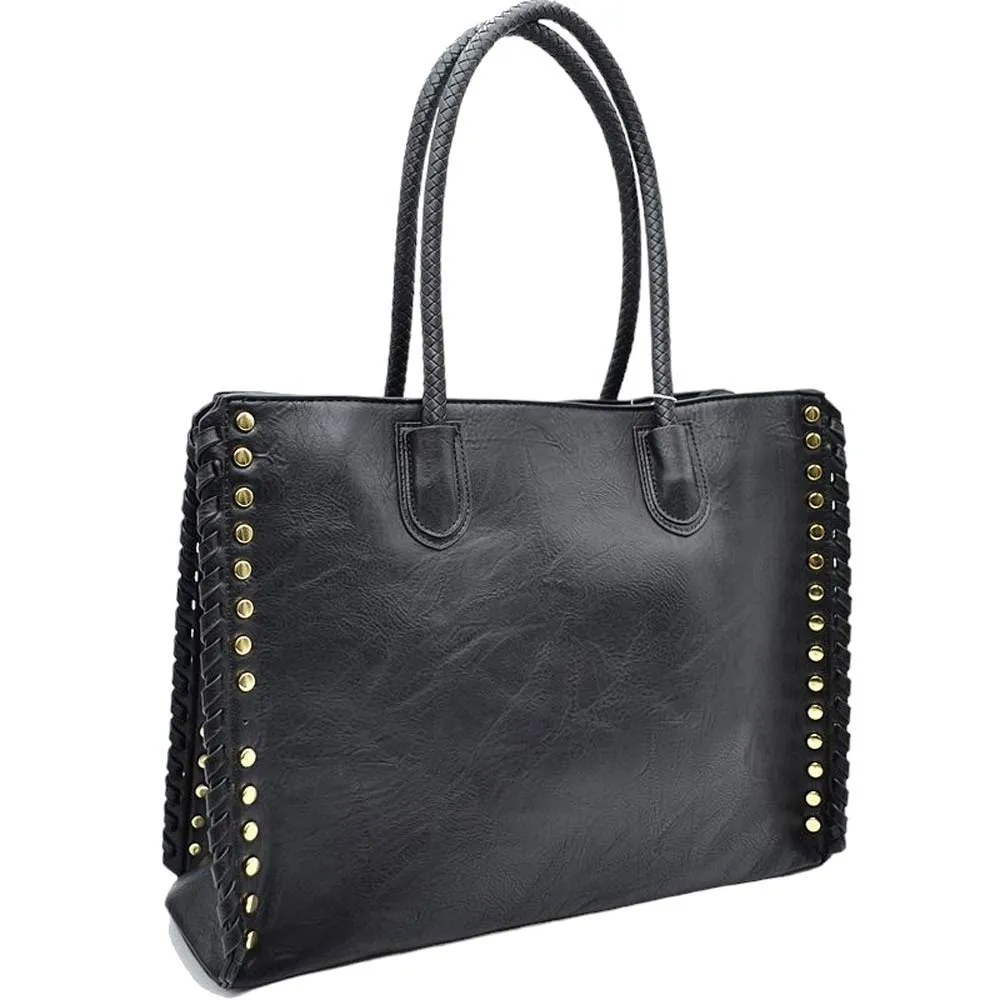 Studded Faux Leather Whipstitch Shoulder Bag Tote Bag