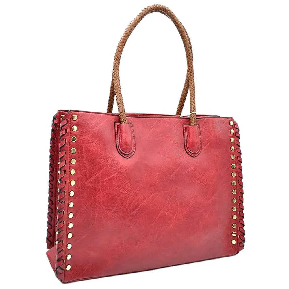 Studded Faux Leather Whipstitch Shoulder Bag Tote Bag