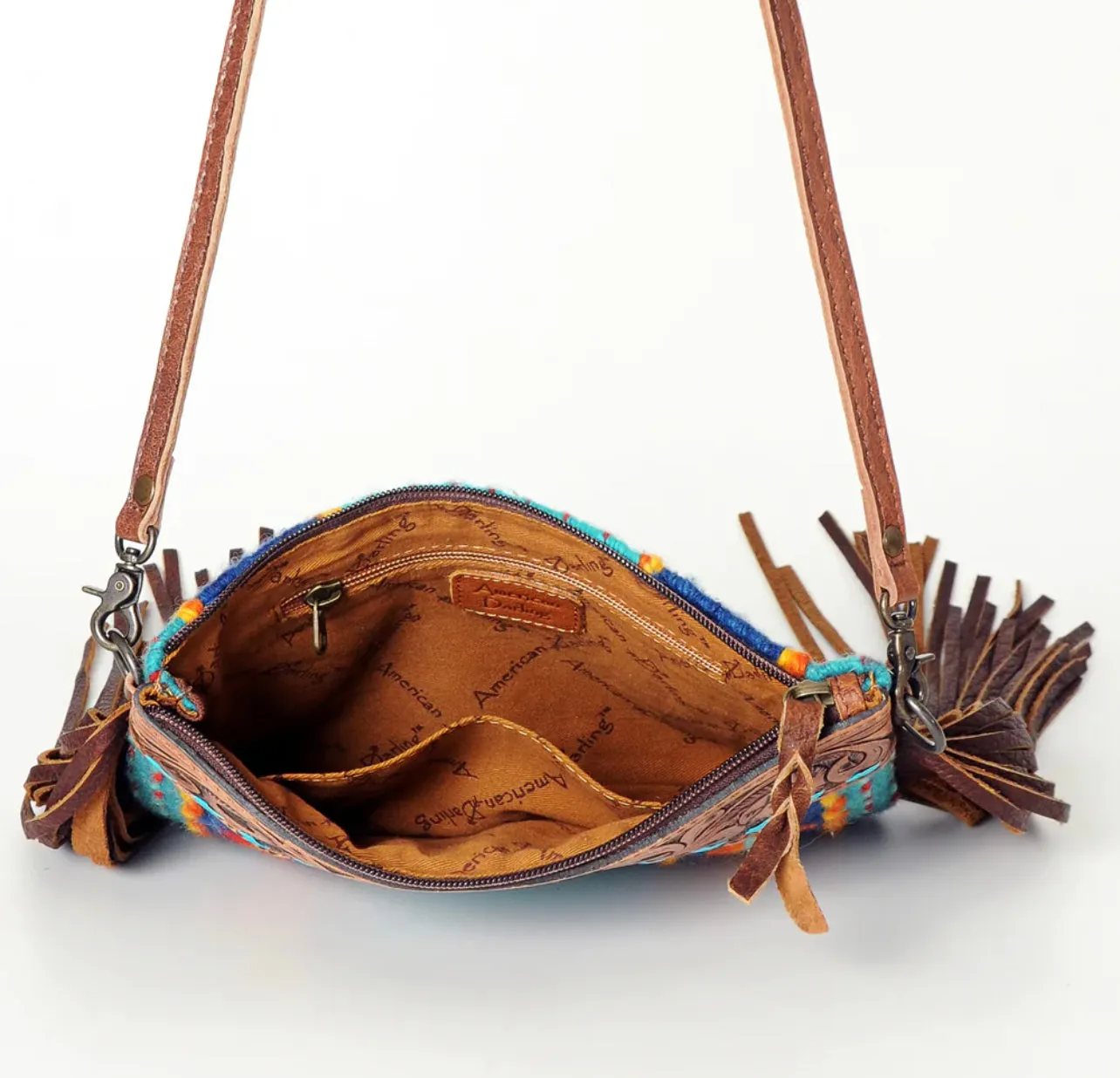 Teal Saddle Blanket Tooled Leather Crossbody