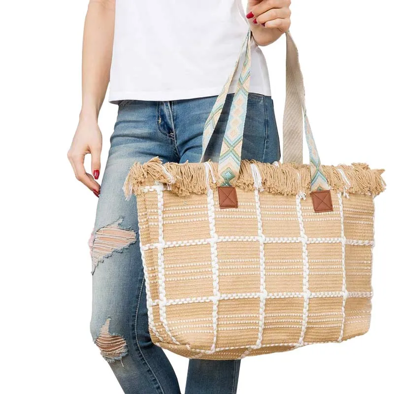 Top Fringe Pointed Check Patterned Tote Bag