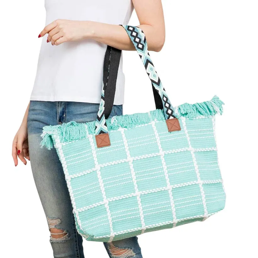 Top Fringe Pointed Check Patterned Tote Bag