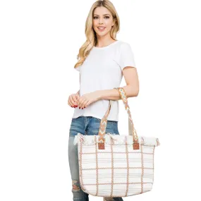 Top Fringe Pointed Check Patterned Tote Bag