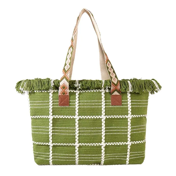 Top Fringe Pointed Check Patterned Tote Bag