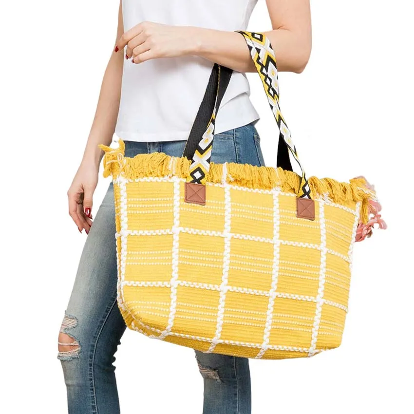 Top Fringe Pointed Check Patterned Tote Bag