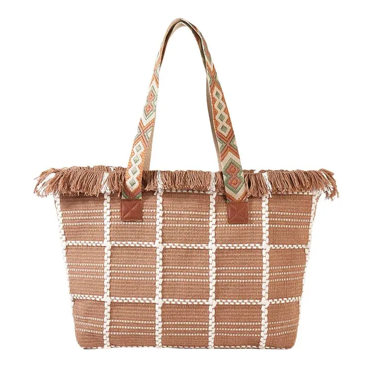 Top Fringe Pointed Check Patterned Tote Bag