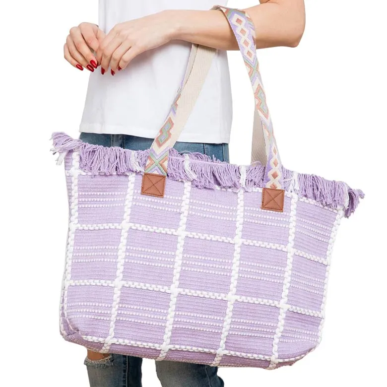 Top Fringe Pointed Check Patterned Tote Bag