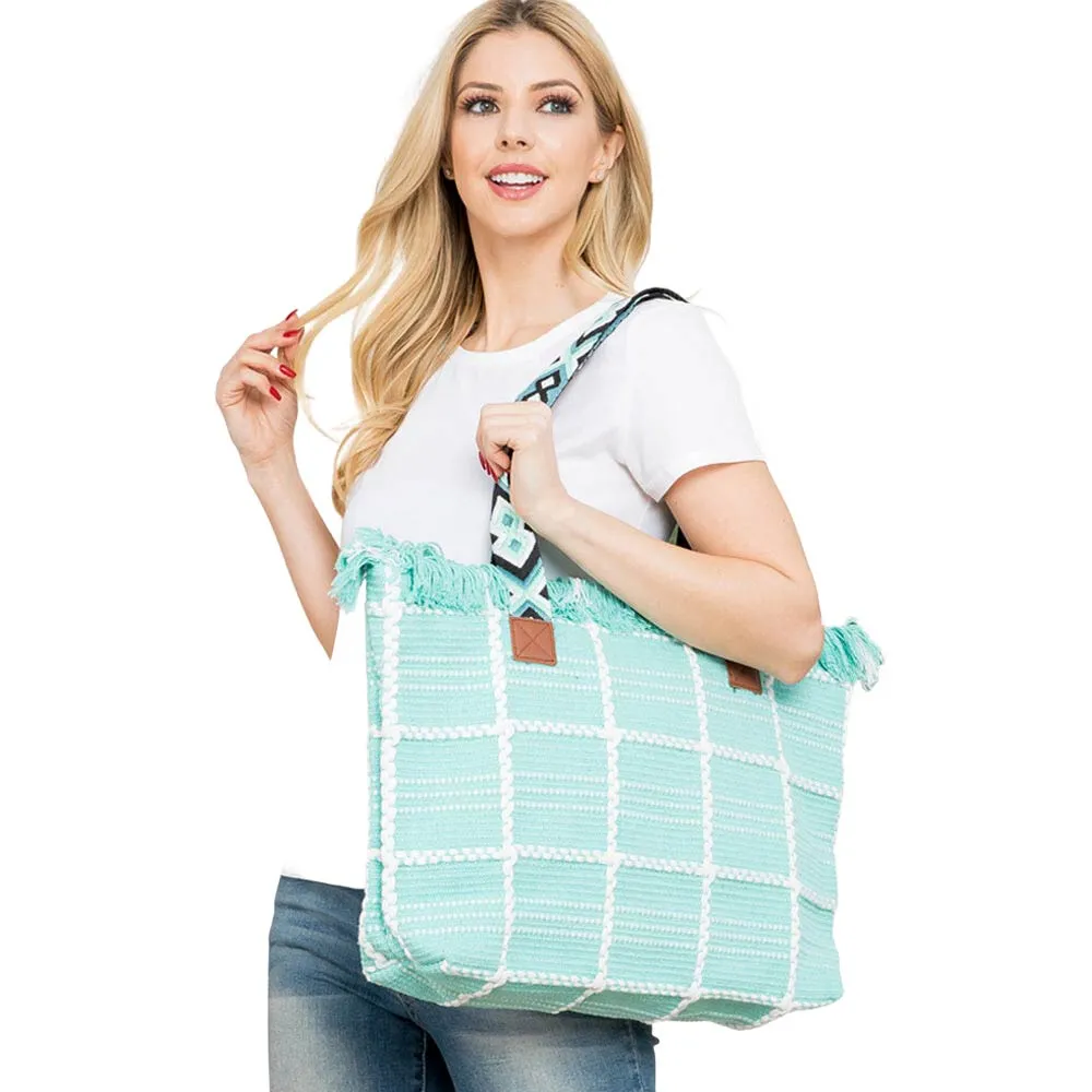 Top Fringe Pointed Check Patterned Tote Bag