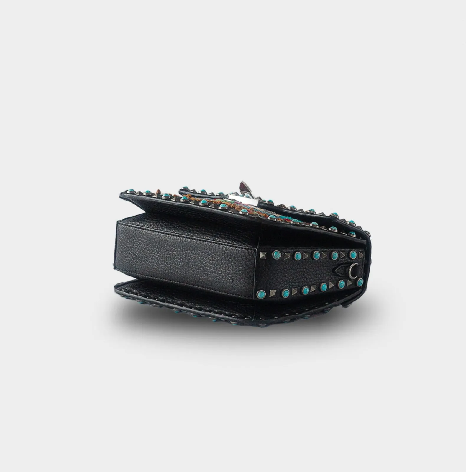 VALENTINO GARAVANI - Calfskin Embroidered Medium Guitar Strap Rockstud Rolling Flap Saddle Bag in Black