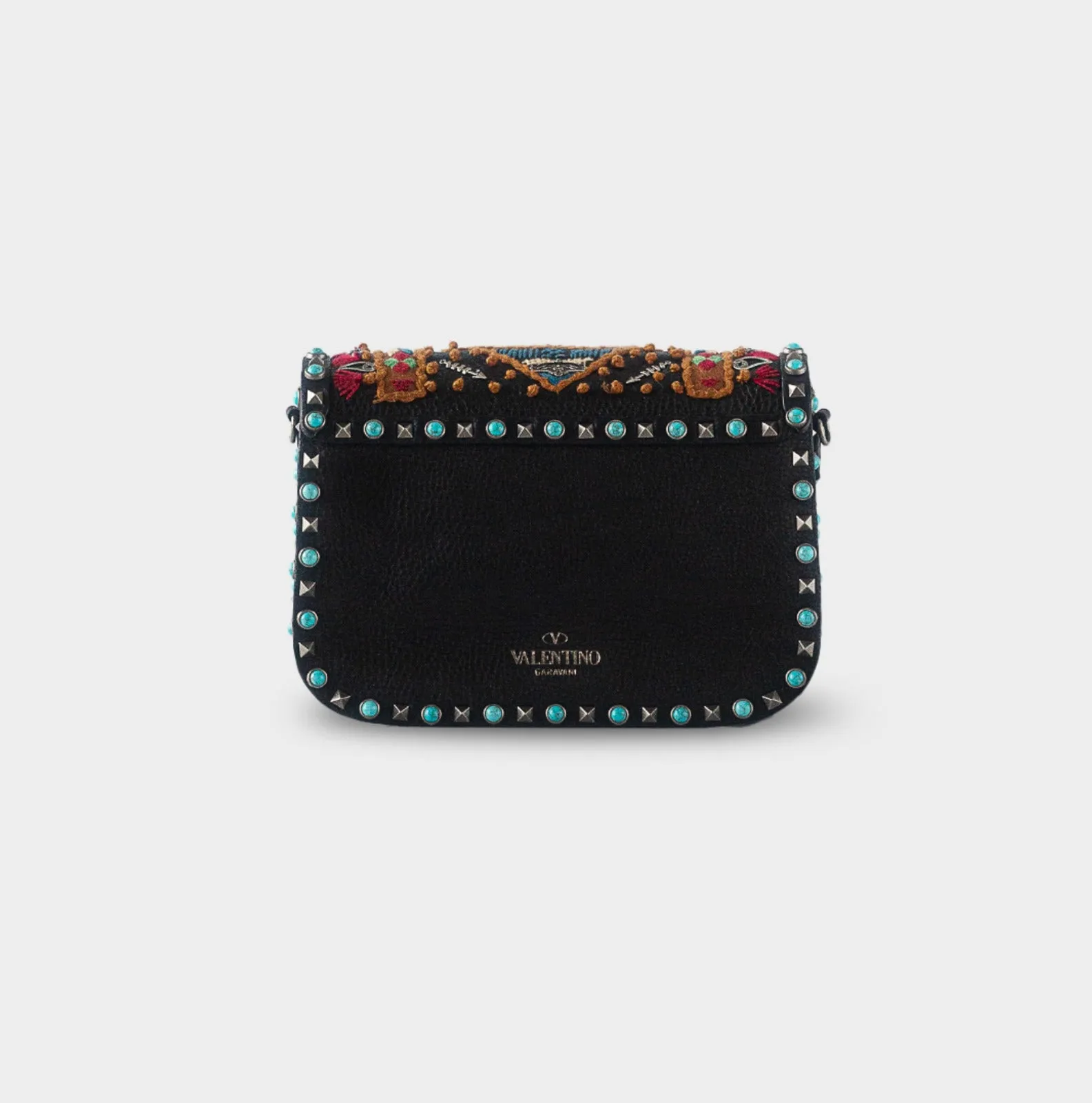 VALENTINO GARAVANI - Calfskin Embroidered Medium Guitar Strap Rockstud Rolling Flap Saddle Bag in Black