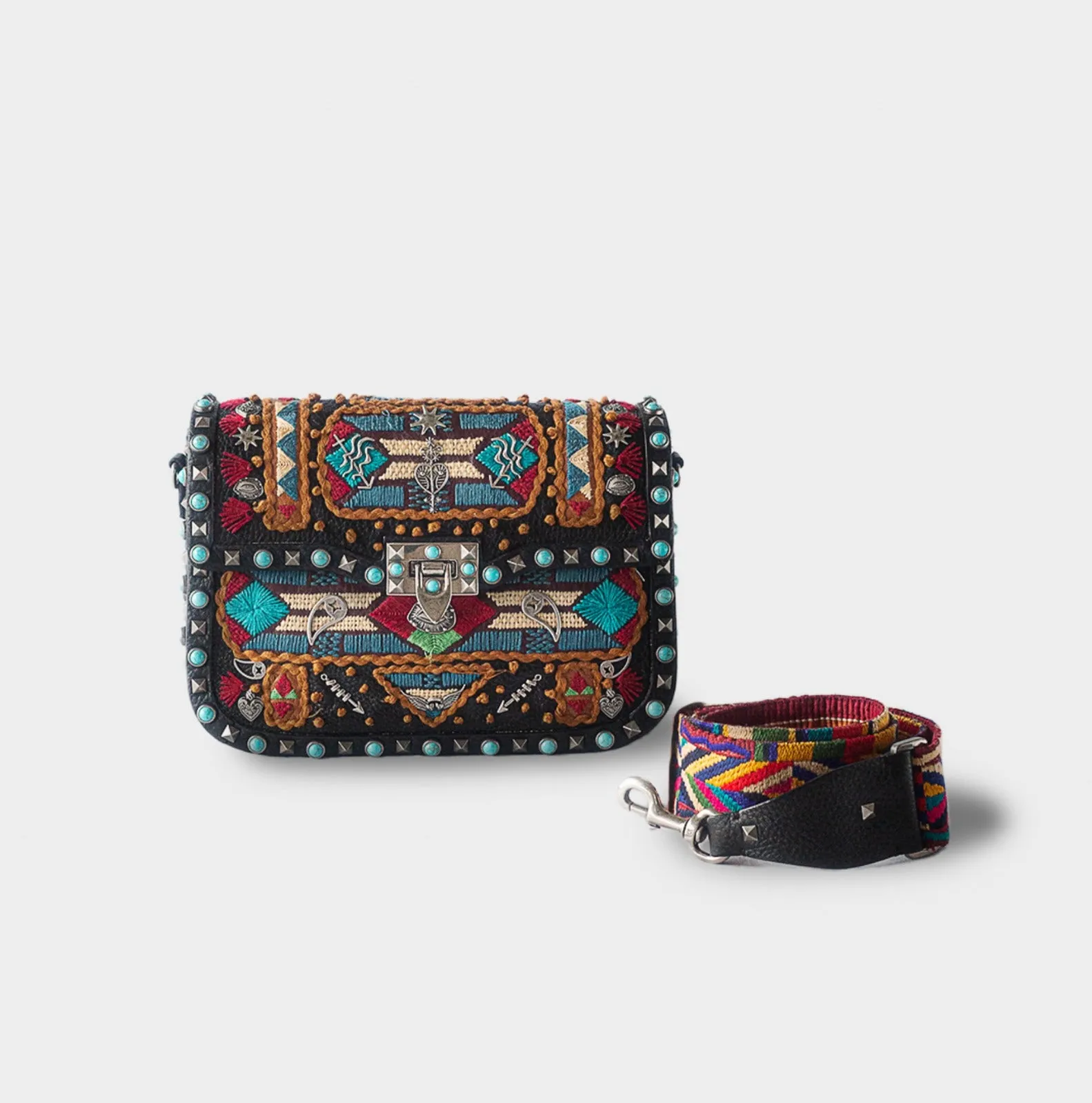 VALENTINO GARAVANI - Calfskin Embroidered Medium Guitar Strap Rockstud Rolling Flap Saddle Bag in Black