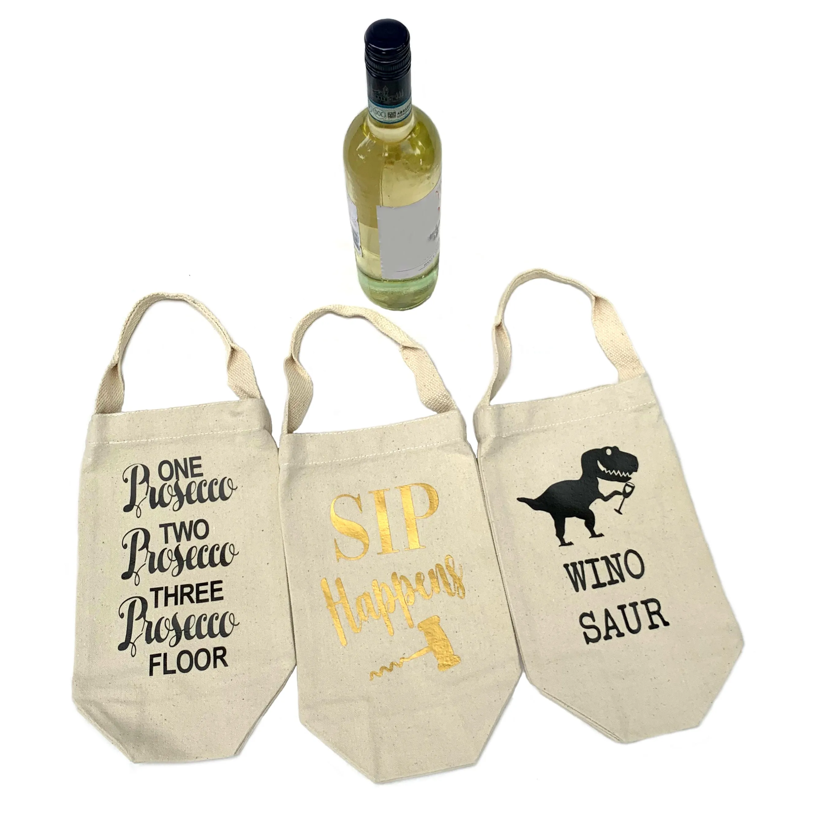 Winosaur Canvas Wine Tote Bag |Prosecco Wine Bag | Sip Happens Wine Bag